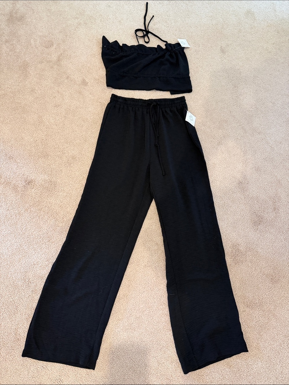 Black Two-Piece Loungewear Set — Strapless Crop Top & Wide-Leg Pants